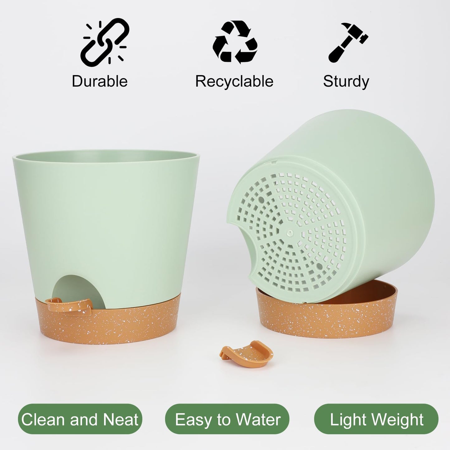 Indoor Self Watering Planters with Drainage Holes and Saucers, 8, 7, 6.5, 6, 5.5, 5 Inches, Black, 6 Pots