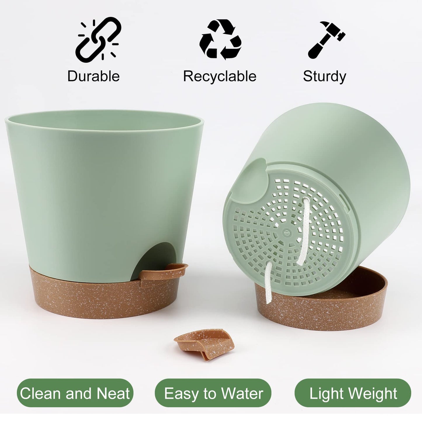 Indoor Self Watering Planters with Drainage Holes and Saucers, 8, 7, 6.5, 6, 5.5, 5 Inches, Black, 6 Pots