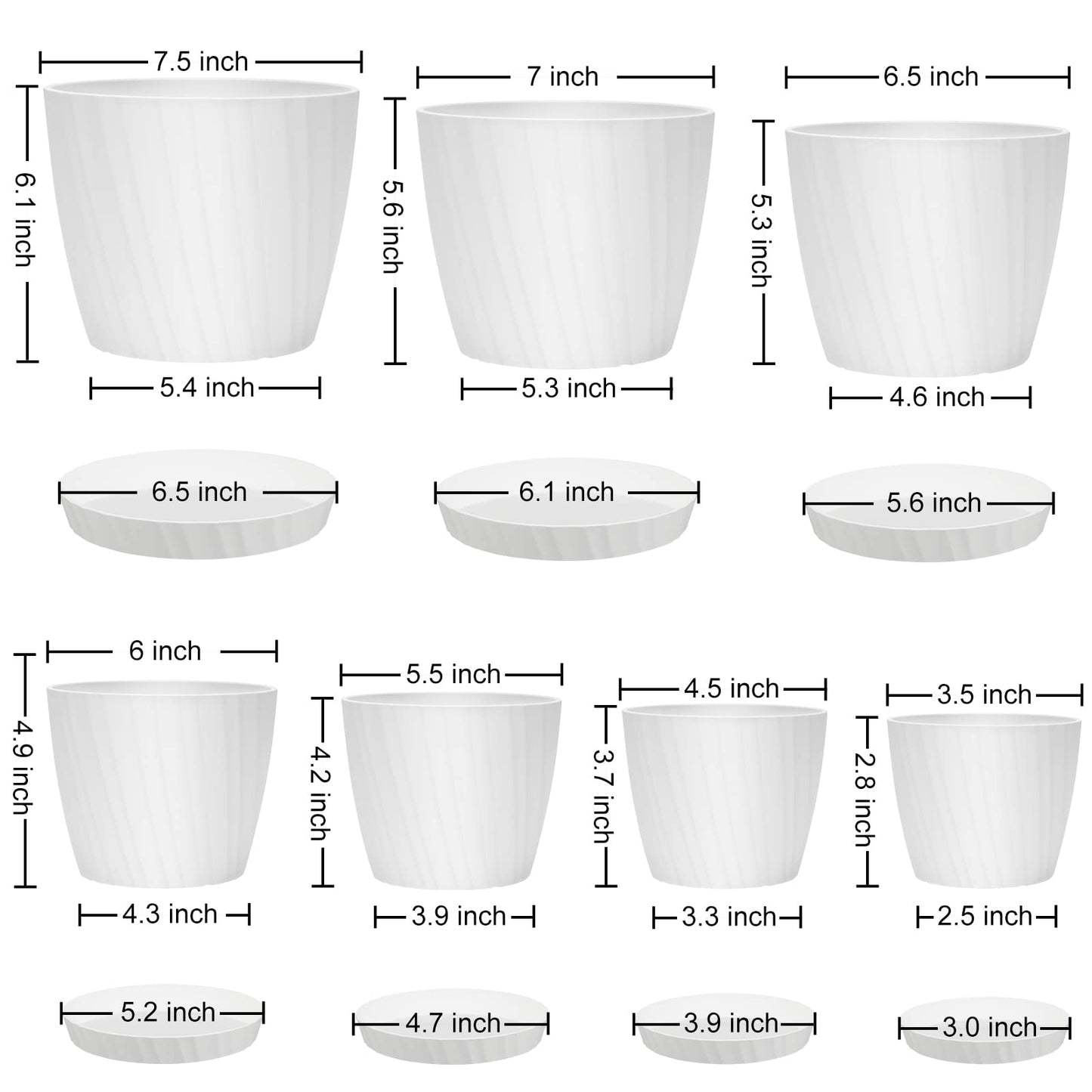 Indoor Self Watering Planters with Drainage Holes and Saucers, 8, 7, 6.5, 6, 5.5, 5 Inches, Black, 6 Pots
