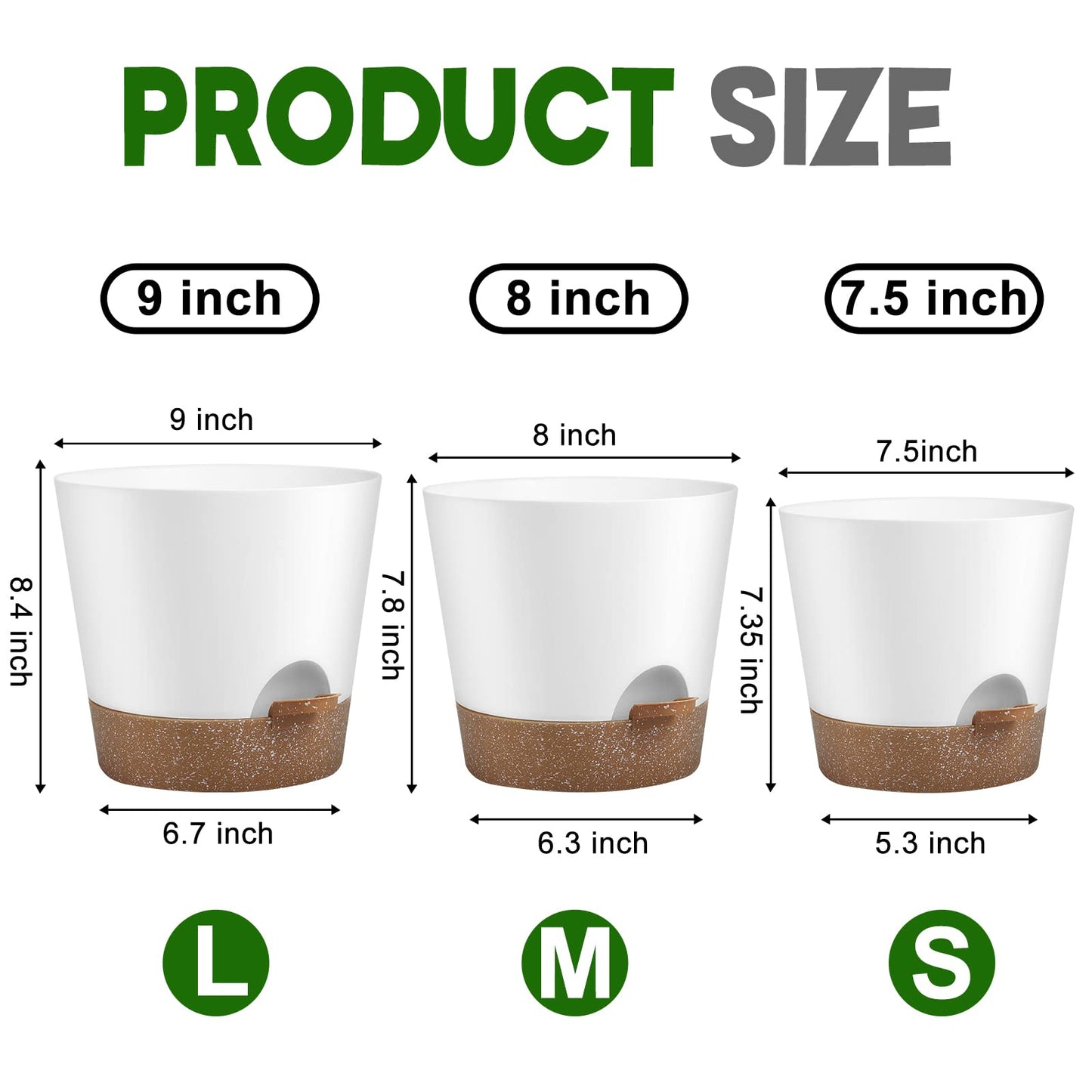 Indoor Self Watering Planters with Drainage Holes and Saucers, 8, 7, 6.5, 6, 5.5, 5 Inches, Black, 6 Pots