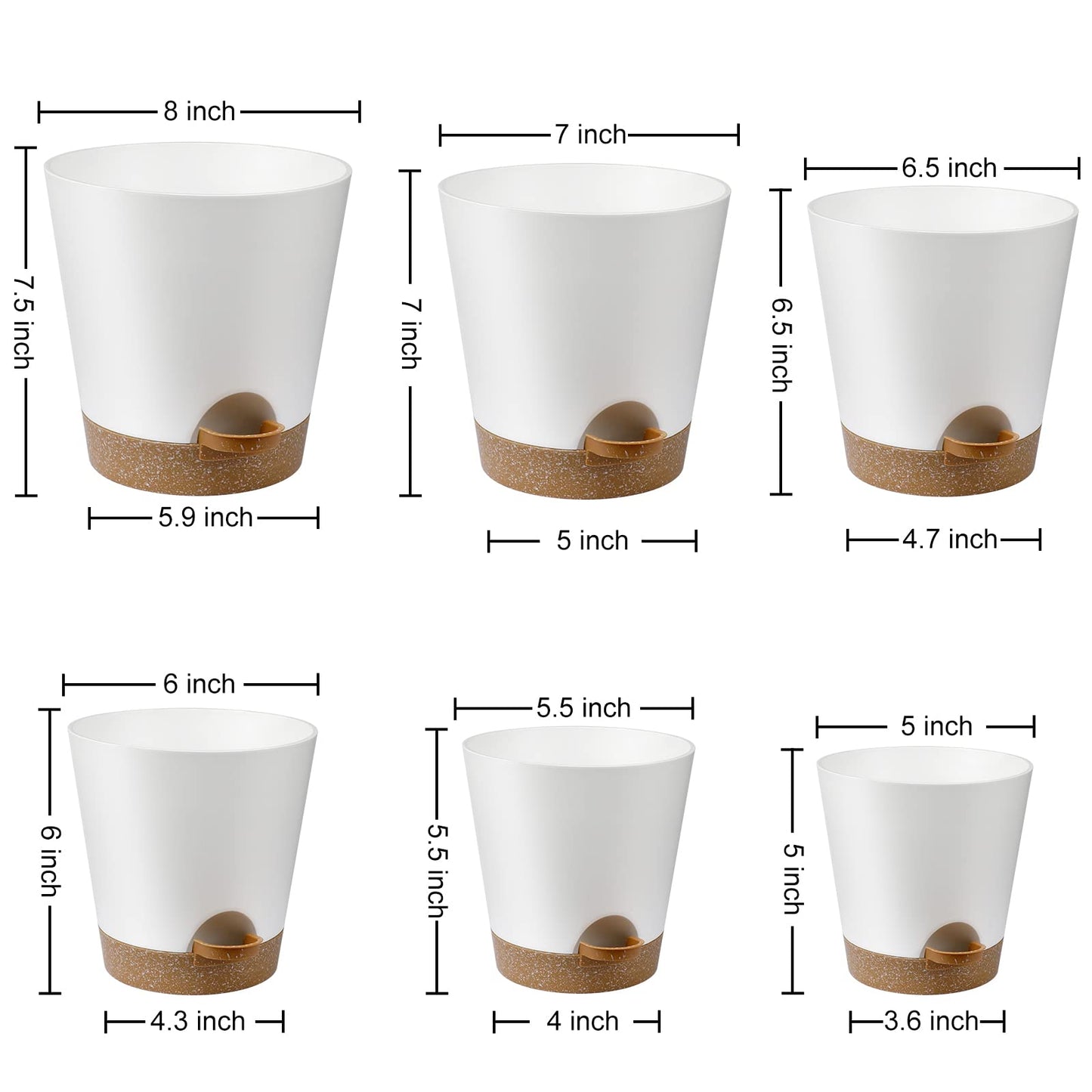 Indoor Self Watering Planters with Drainage Holes and Saucers, 8, 7, 6.5, 6, 5.5, 5 Inches, Black, 6 Pots