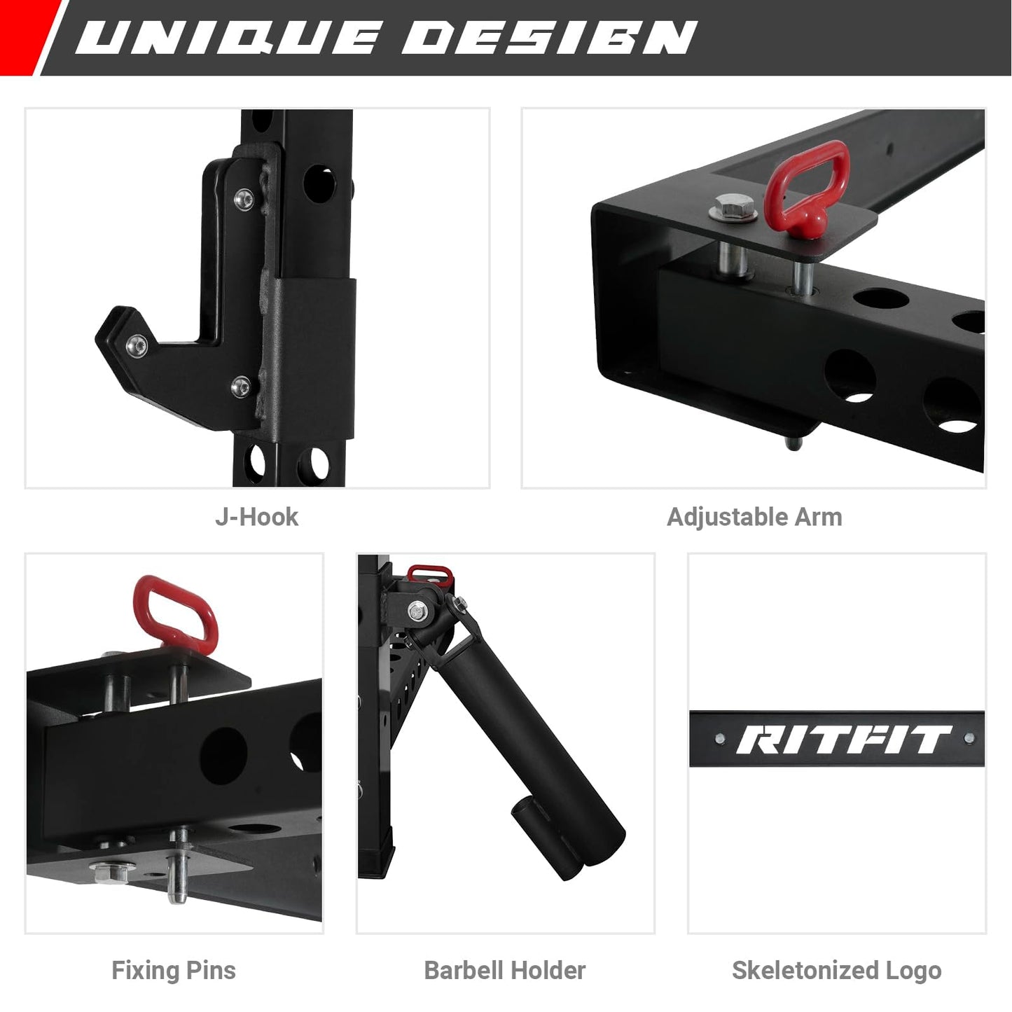 RitFit Multi-Functional Folding Squat Rack for Home Gym, 2.36'' x 2.36'' Wall Mounted Squat Rack with Attachments - Space Saving Squat Power Rack