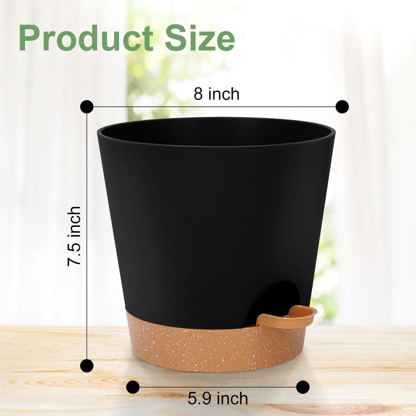Indoor Self Watering Planters with Drainage Holes and Saucers, 8, 7, 6.5, 6, 5.5, 5 Inches, Black, 6 Pots
