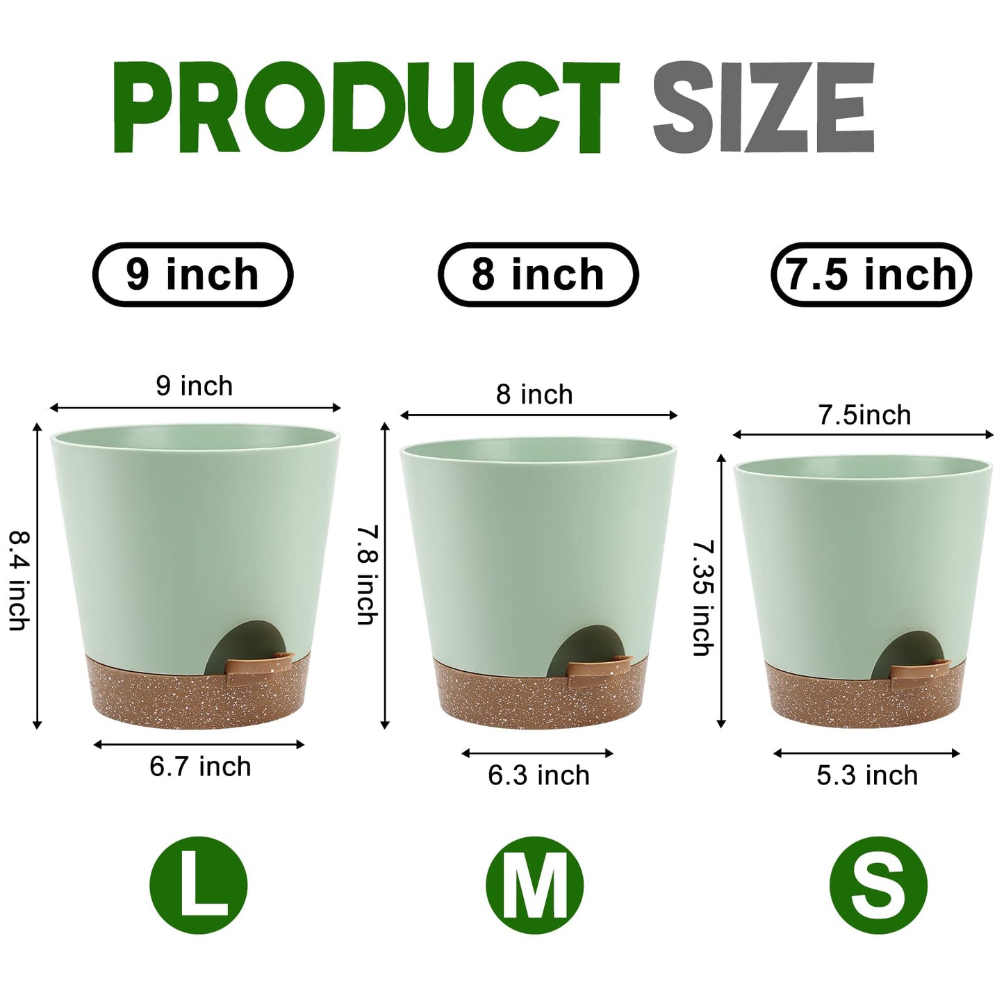 Indoor Self Watering Planters with Drainage Holes and Saucers, 8, 7, 6.5, 6, 5.5, 5 Inches, Black, 6 Pots