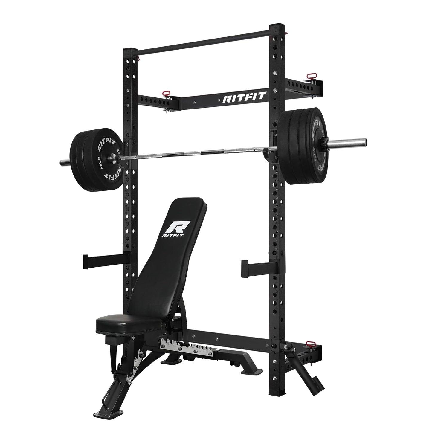 RitFit Multi-Functional Folding Squat Rack for Home Gym, 2.36'' x 2.36'' Wall Mounted Squat Rack with Attachments - Space Saving Squat Power Rack