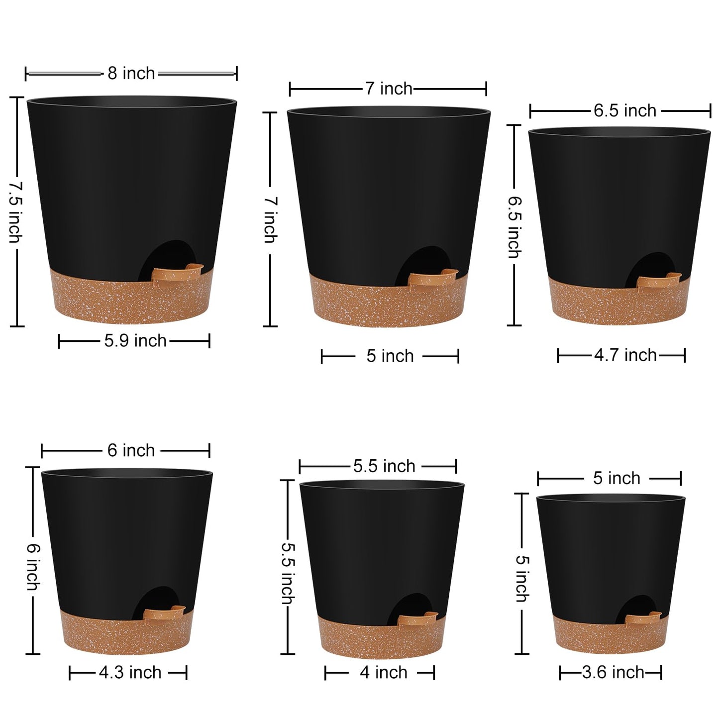 Indoor Self Watering Planters with Drainage Holes and Saucers, 8, 7, 6.5, 6, 5.5, 5 Inches, Black, 6 Pots