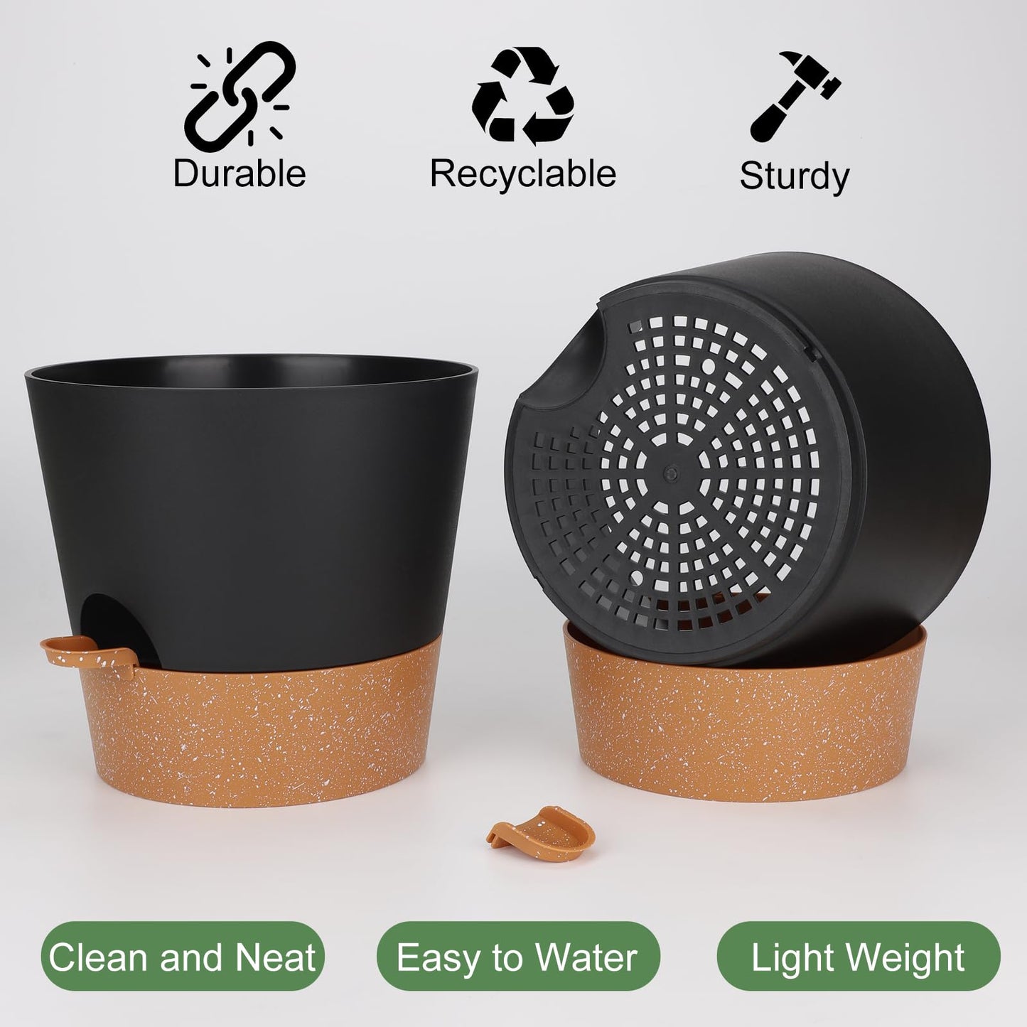 Indoor Self Watering Planters with Drainage Holes and Saucers, 8, 7, 6.5, 6, 5.5, 5 Inches, Black, 6 Pots