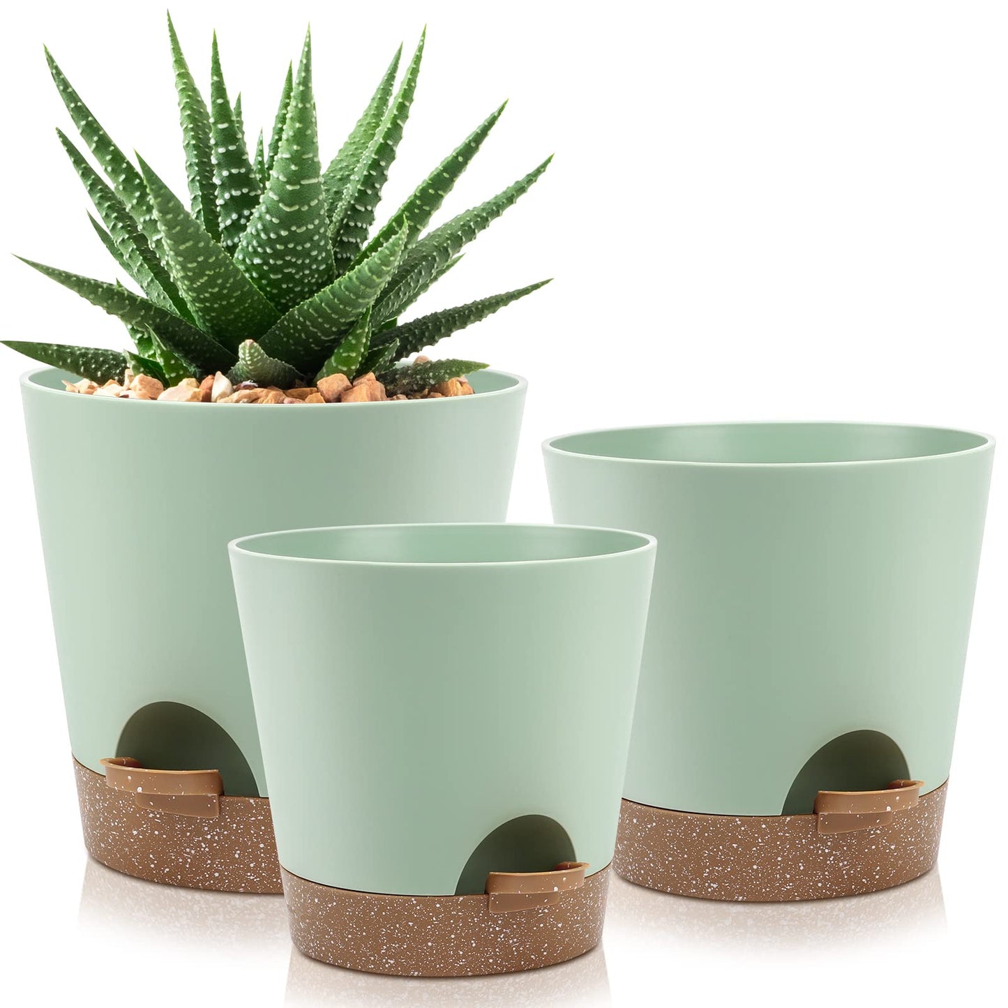 Indoor Self Watering Planters with Drainage Holes and Saucers, 8, 7, 6.5, 6, 5.5, 5 Inches, Black, 6 Pots