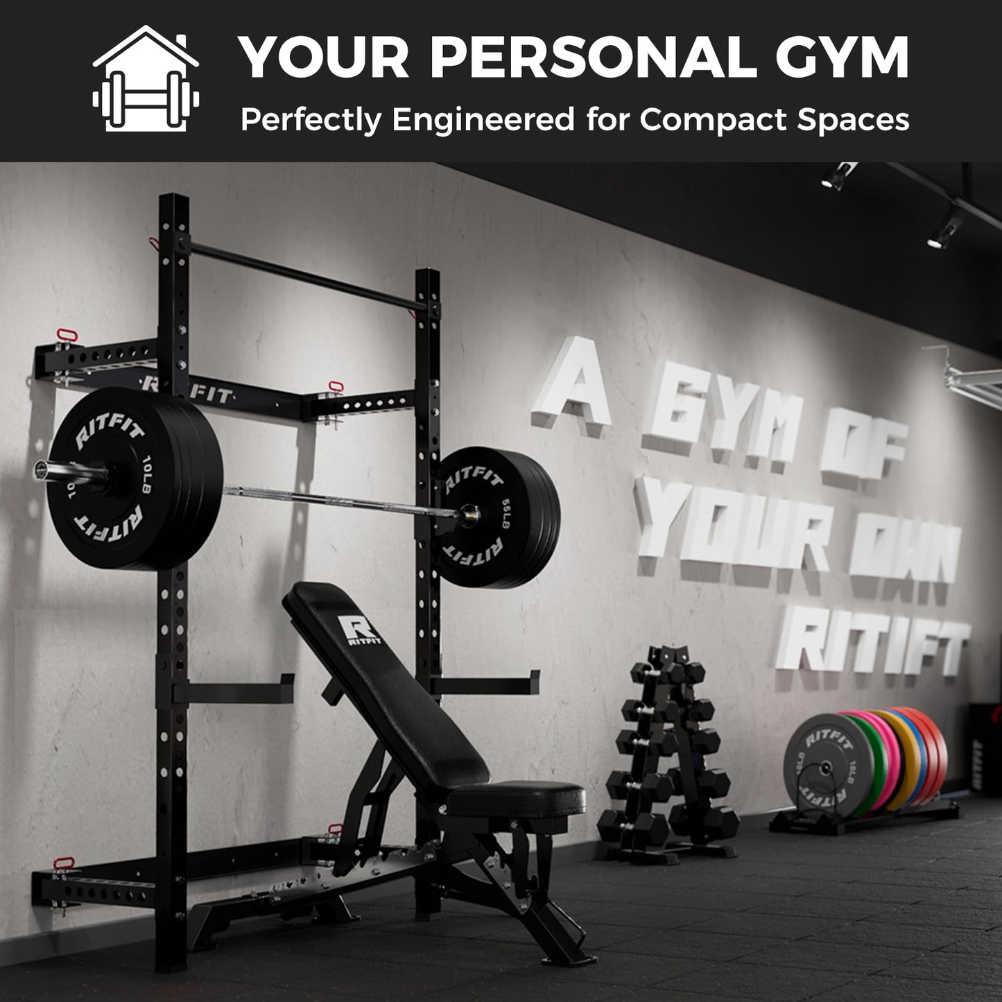 RitFit Multi-Functional Folding Squat Rack for Home Gym, 2.36'' x 2.36'' Wall Mounted Squat Rack with Attachments - Space Saving Squat Power Rack