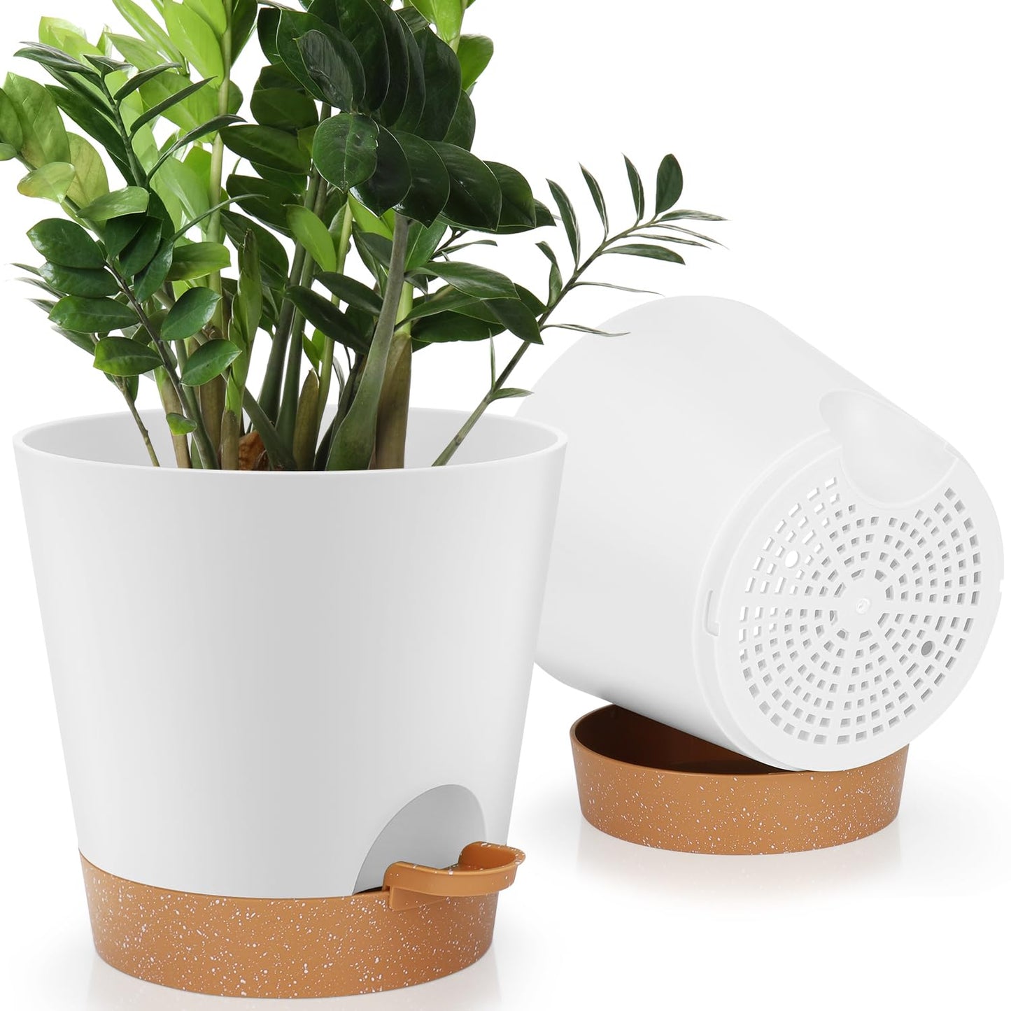 Indoor Self Watering Planters with Drainage Holes and Saucers, 8, 7, 6.5, 6, 5.5, 5 Inches, Black, 6 Pots