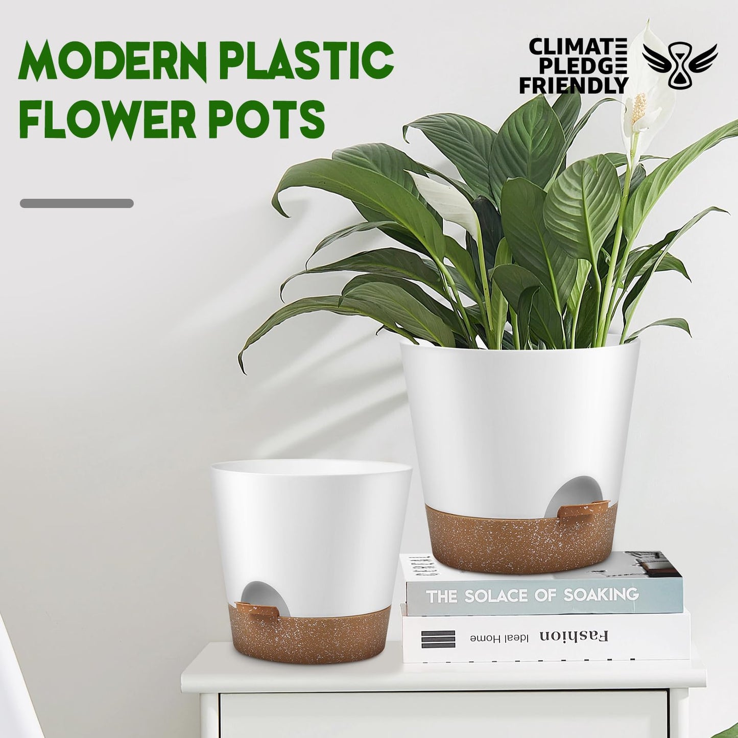 Indoor Self Watering Planters with Drainage Holes and Saucers, 8, 7, 6.5, 6, 5.5, 5 Inches, Black, 6 Pots