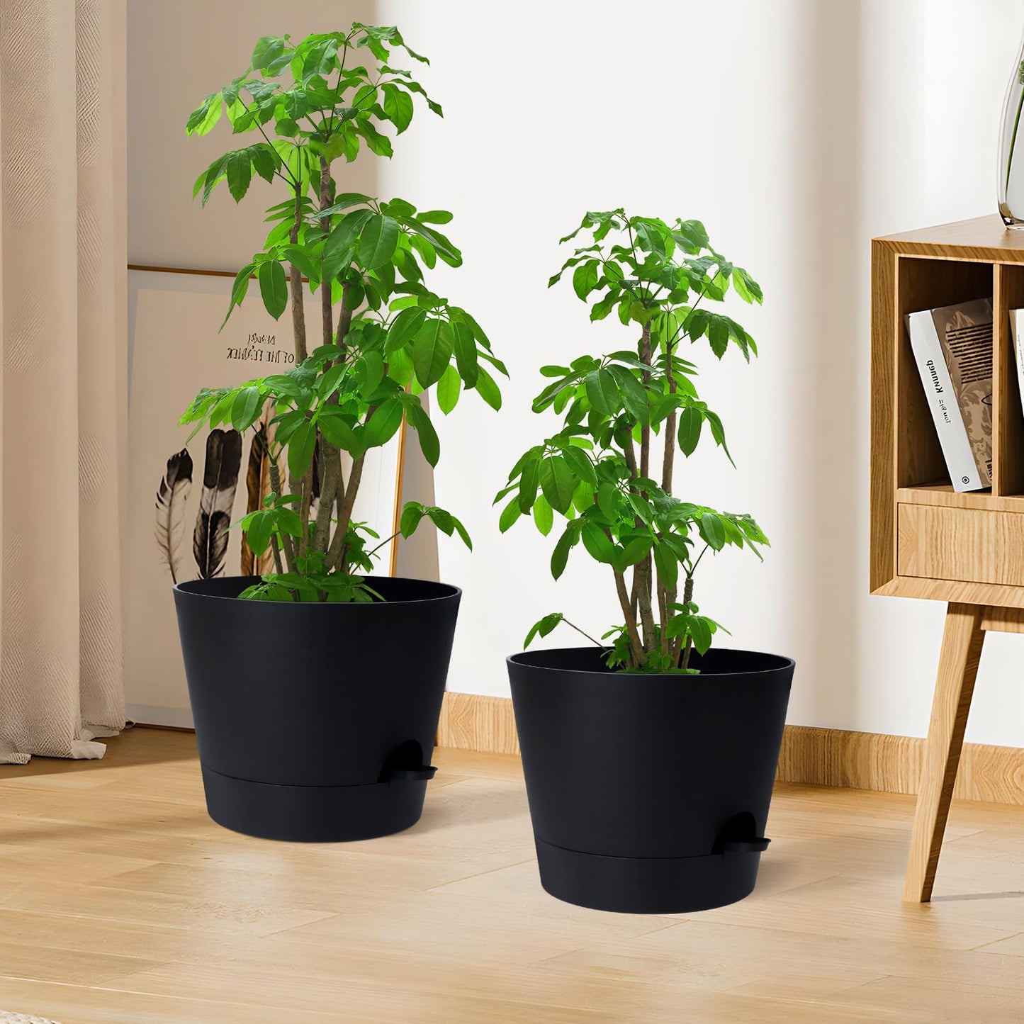 Indoor Self Watering Planters with Drainage Holes and Saucers, 8, 7, 6.5, 6, 5.5, 5 Inches, Black, 6 Pots