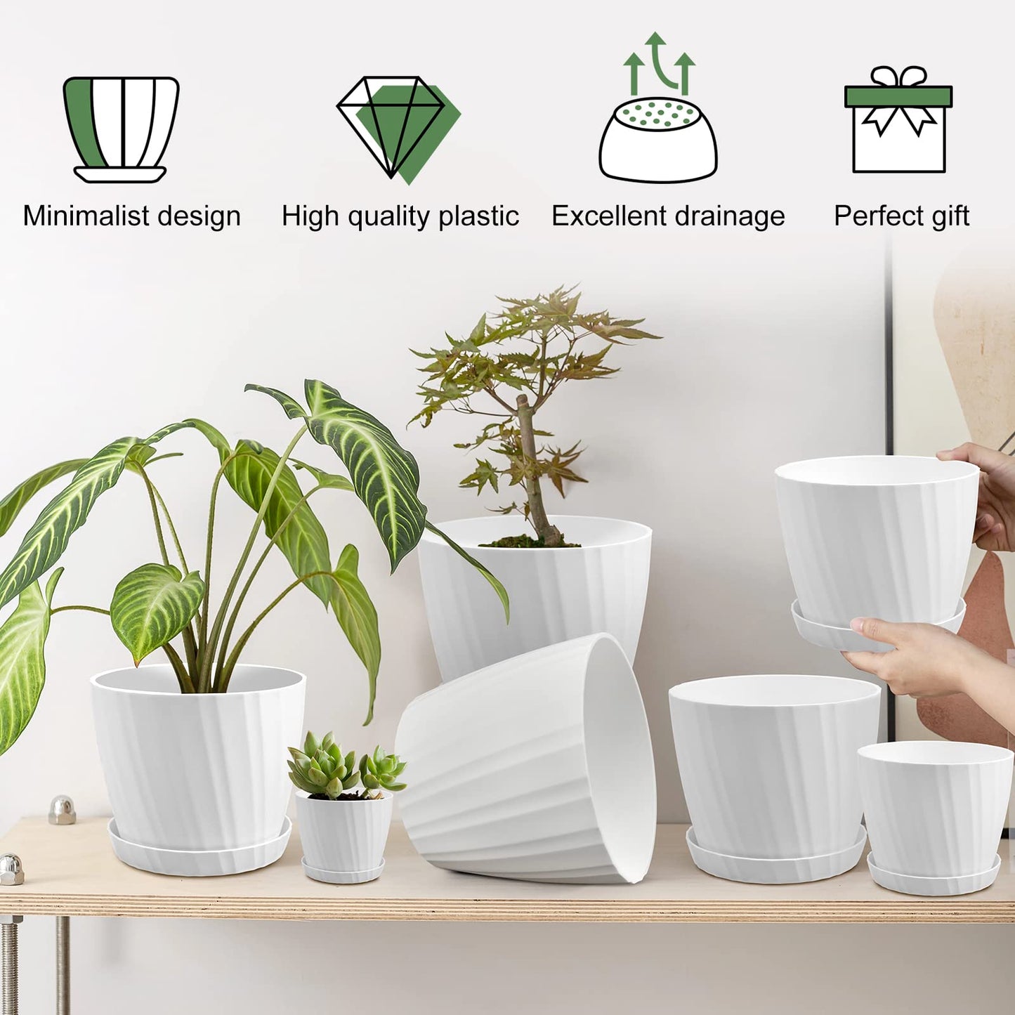 Indoor Self Watering Planters with Drainage Holes and Saucers, 8, 7, 6.5, 6, 5.5, 5 Inches, Black, 6 Pots