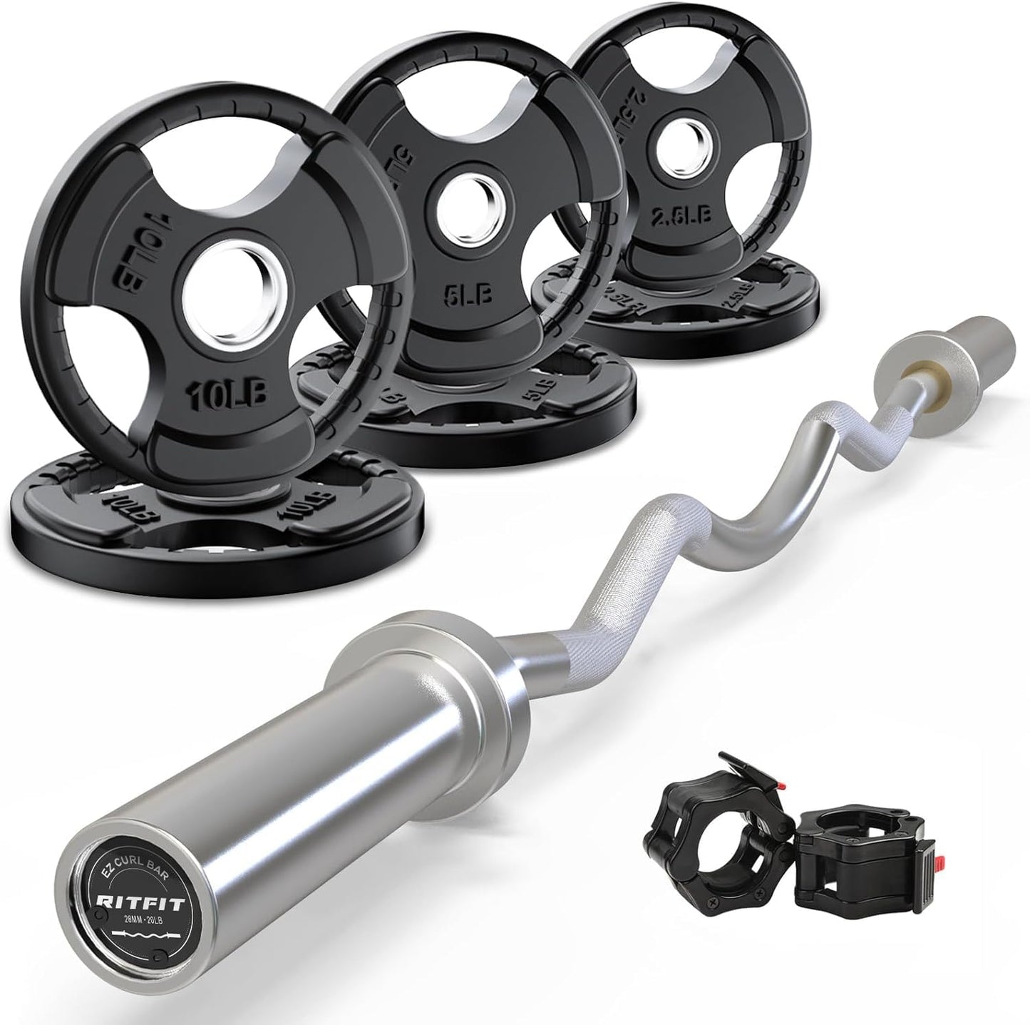 RitFit 2 Inch EZ Curl Bar with Weights, 700LBS Weight Capacity Olympic Curl Barbell for Bicep, Tricep and Weight Lifting Exercises
