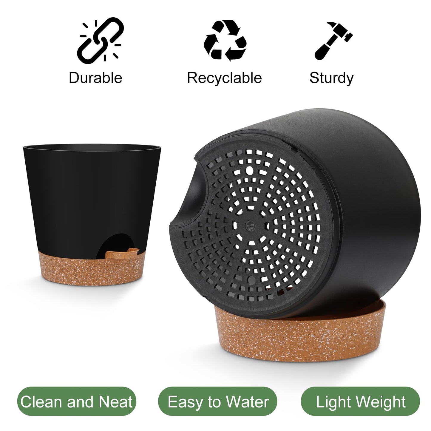 Indoor Self Watering Planters with Drainage Holes and Saucers, 8, 7, 6.5, 6, 5.5, 5 Inches, Black, 6 Pots