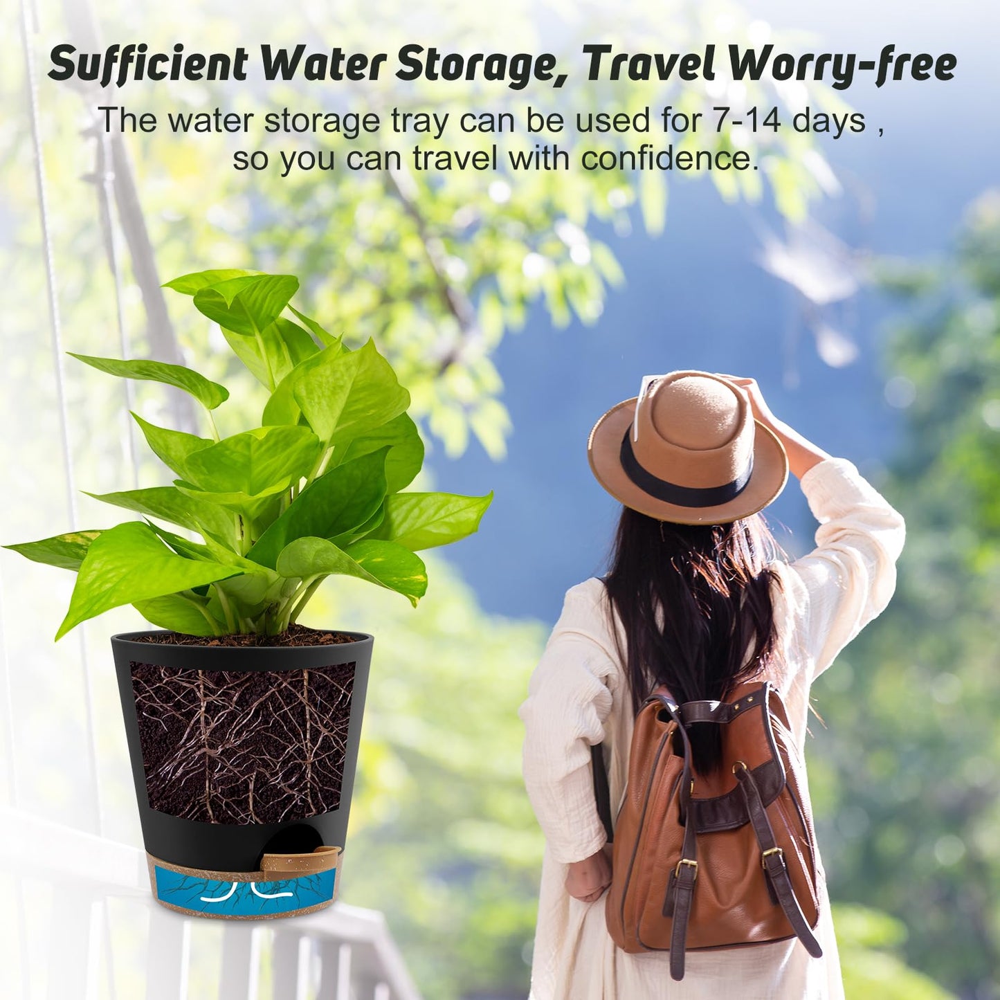 Indoor Self Watering Planters with Drainage Holes and Saucers, 8, 7, 6.5, 6, 5.5, 5 Inches, Black, 6 Pots