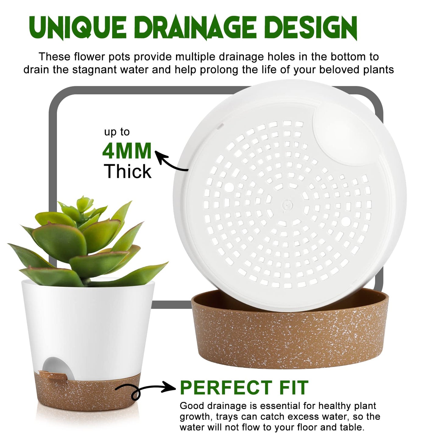 Indoor Self Watering Planters with Drainage Holes and Saucers, 8, 7, 6.5, 6, 5.5, 5 Inches, Black, 6 Pots