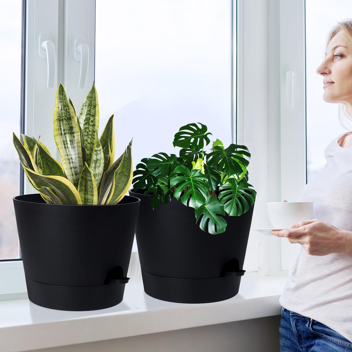 Indoor Self Watering Planters with Drainage Holes and Saucers, 8, 7, 6.5, 6, 5.5, 5 Inches, Black, 6 Pots