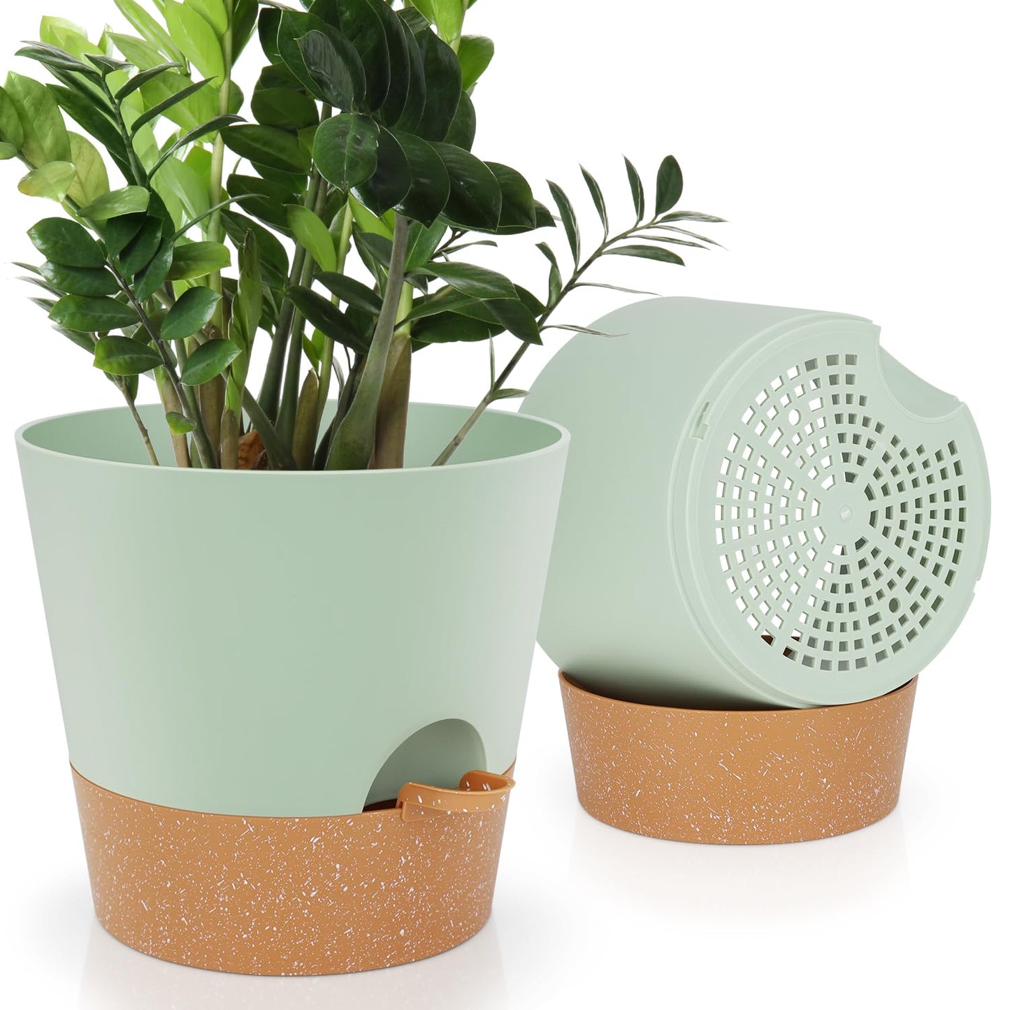 Indoor Self Watering Planters with Drainage Holes and Saucers, 8, 7, 6.5, 6, 5.5, 5 Inches, Black, 6 Pots