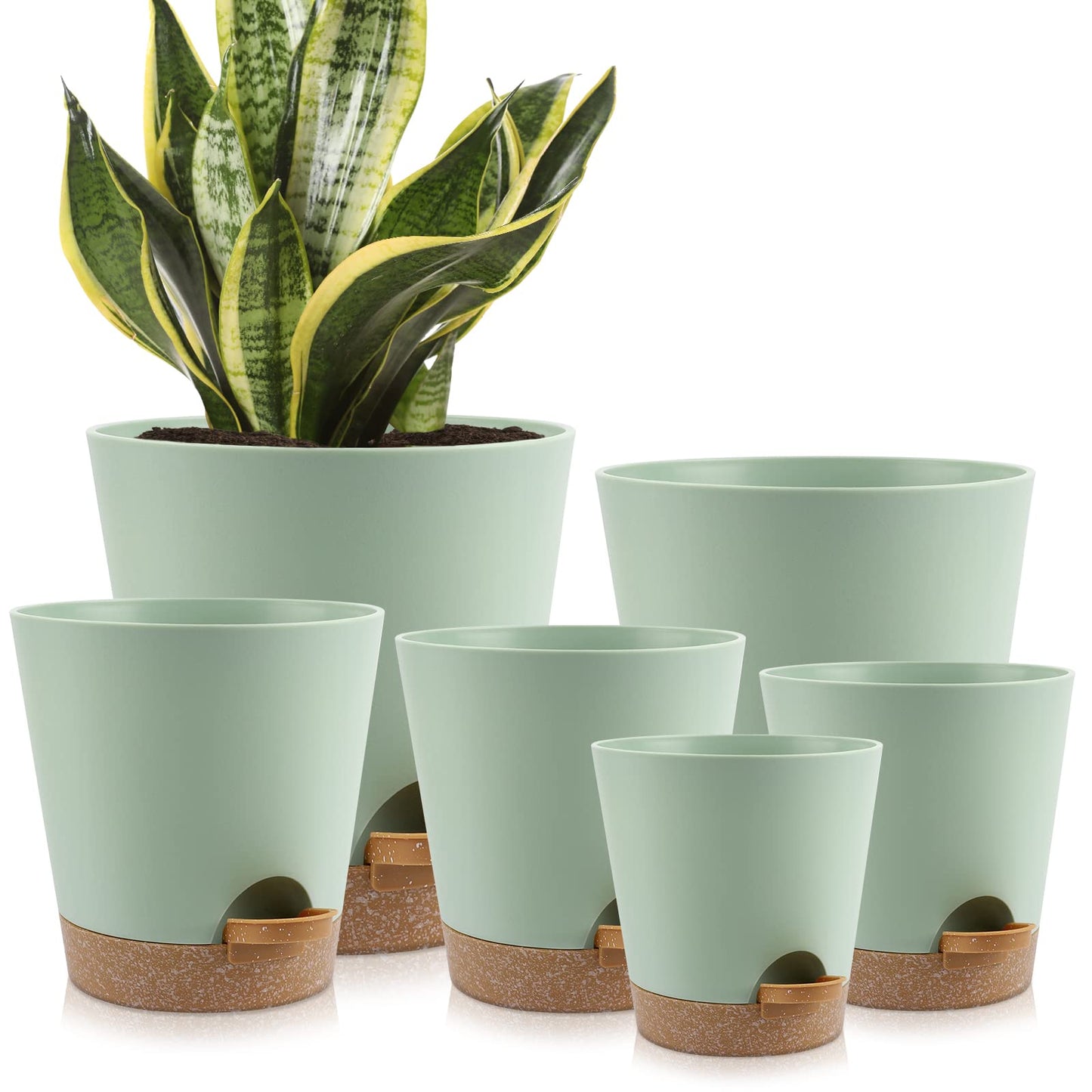 Indoor Self Watering Planters with Drainage Holes and Saucers, 8, 7, 6.5, 6, 5.5, 5 Inches, Black, 6 Pots