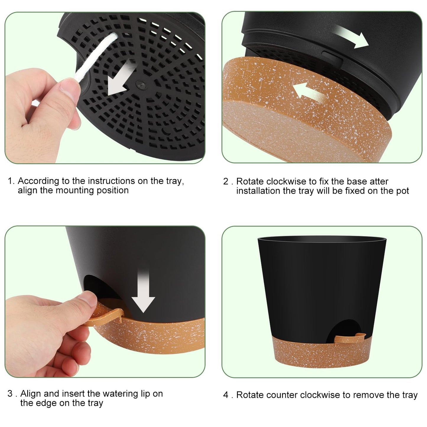 Indoor Self Watering Planters with Drainage Holes and Saucers, 8, 7, 6.5, 6, 5.5, 5 Inches, Black, 6 Pots