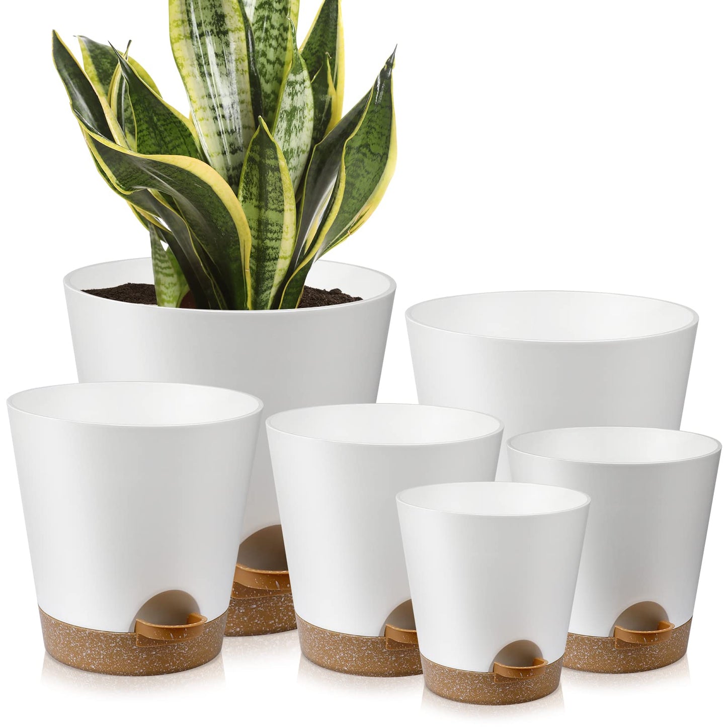 Indoor Self Watering Planters with Drainage Holes and Saucers, 8, 7, 6.5, 6, 5.5, 5 Inches, Black, 6 Pots