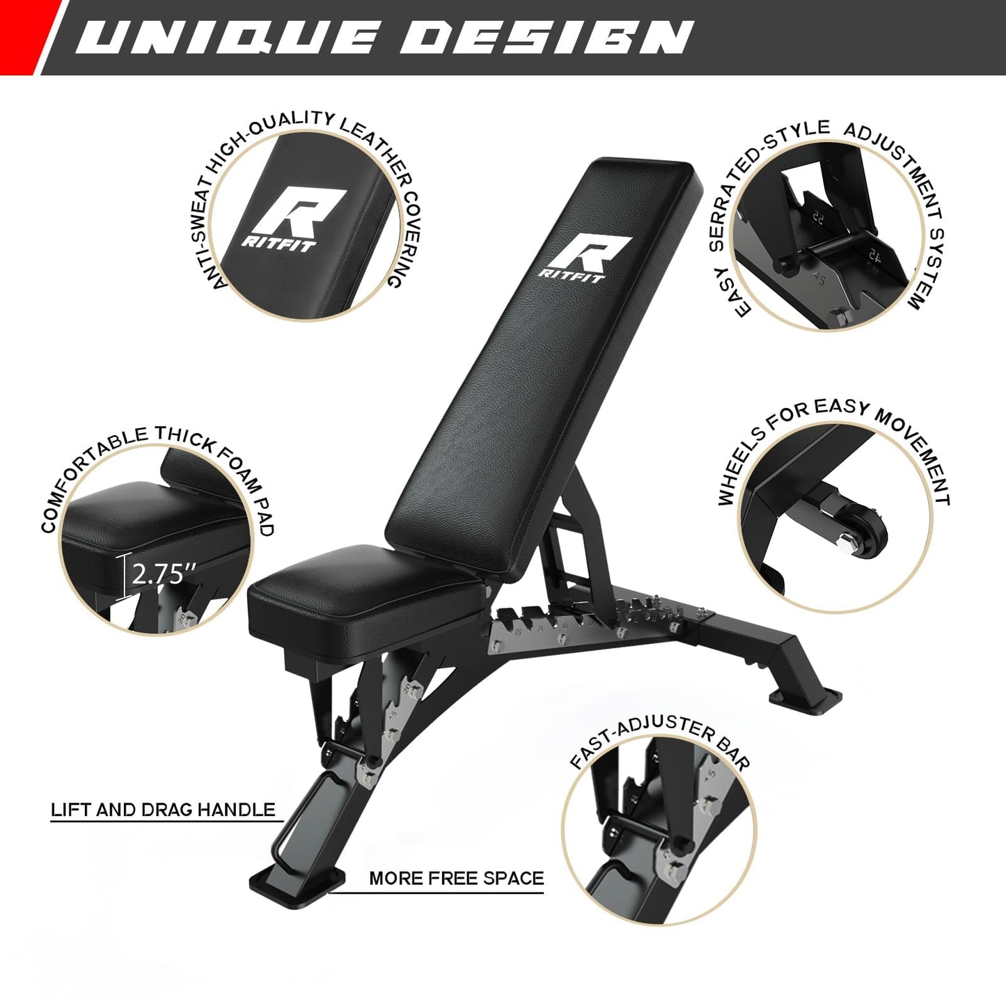 RitFit Multi-Functional Folding Squat Rack for Home Gym, 2.36'' x 2.36'' Wall Mounted Squat Rack with Attachments - Space Saving Squat Power Rack