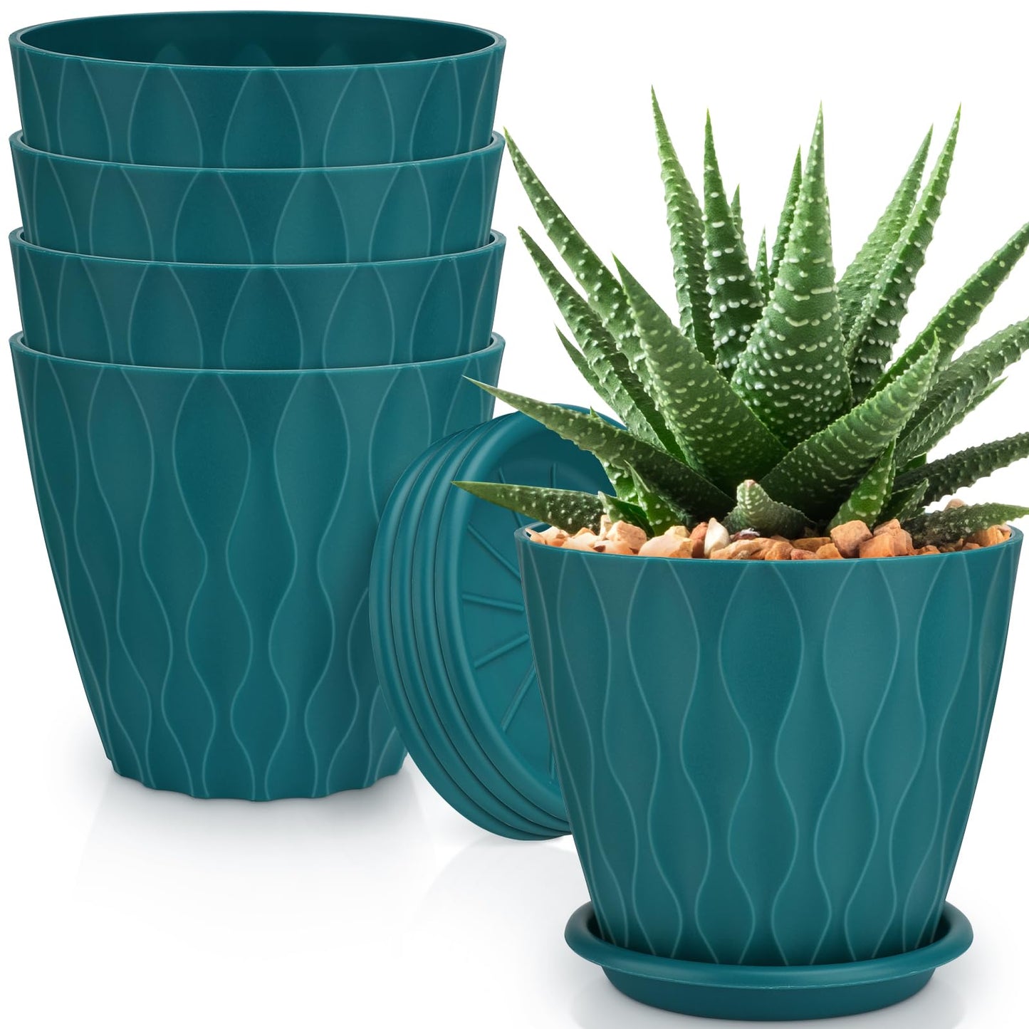 6 inch Plant Pots, 5 Pack Flower Pots Outdoor Indoor, Planters with Drainage Holes and Tray Saucers(Multicolor)