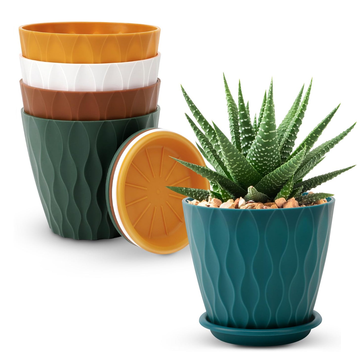 6 inch Plant Pots, 5 Pack Flower Pots Outdoor Indoor, Planters with Drainage Holes and Tray Saucers(Multicolor)