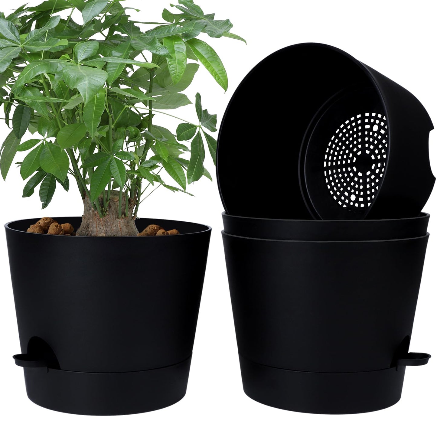Indoor Self Watering Planters with Drainage Holes and Saucers, 8, 7, 6.5, 6, 5.5, 5 Inches, Black, 6 Pots