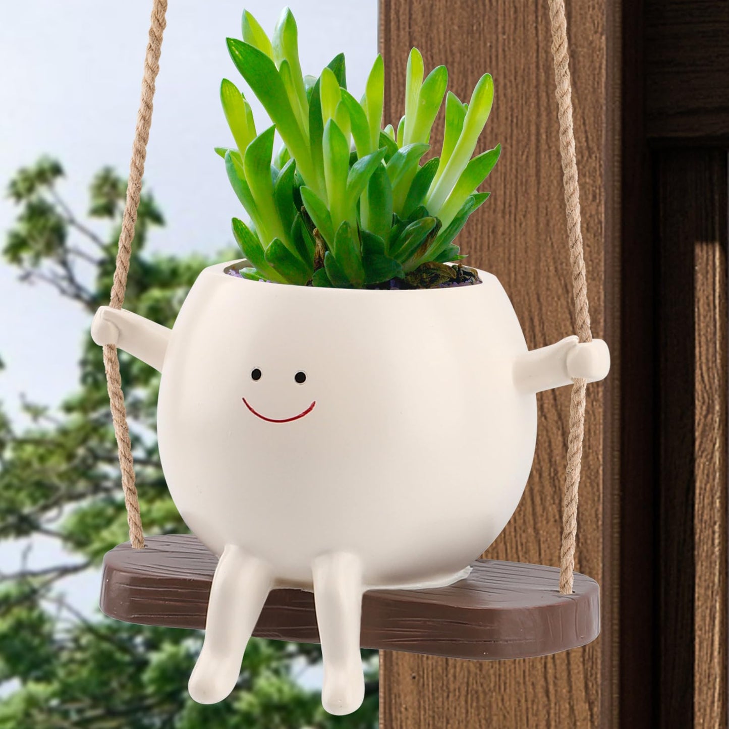 Glossy Swing Smiley Face Planter Pot Head, Small Hanging Planter for Indoor Outdoor Plants, Cute Hanging Flower Pot for String of Pearls Plant Live, Birthday Gifts