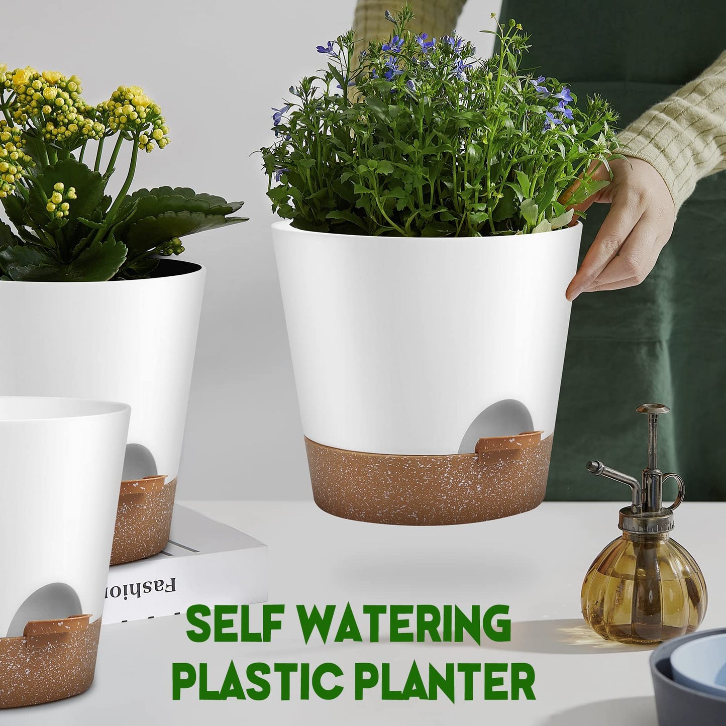 Indoor Self Watering Planters with Drainage Holes and Saucers, 8, 7, 6.5, 6, 5.5, 5 Inches, Black, 6 Pots