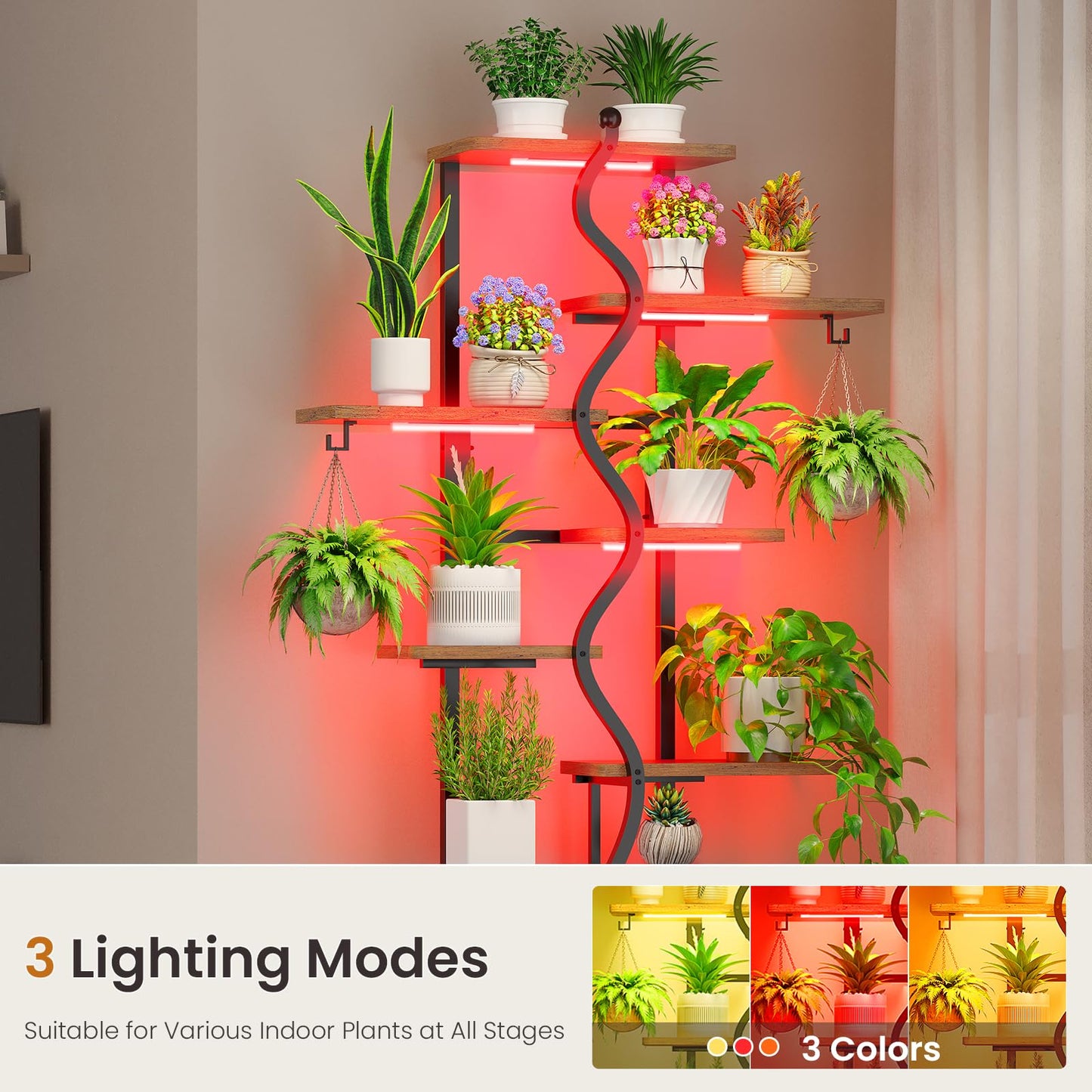Itaar Plant Stand Indoor with Grow Lights, 9 Tiered Plant Shelf Indoor, 71" Tall Plant Stands with Wheels, S-Shaped Metal Plant Stand Display for Living Room, Patio(Rustic Brown)