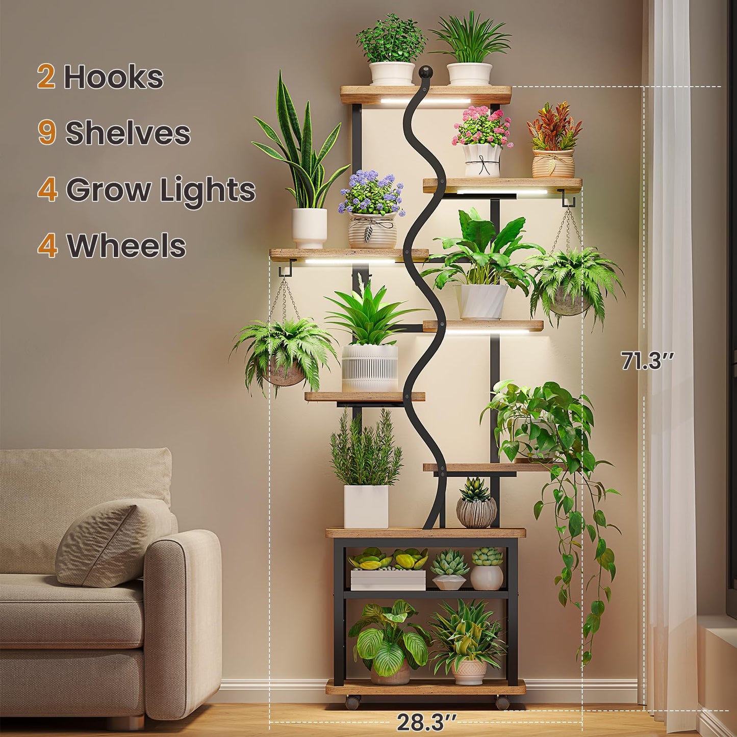 Itaar Plant Stand Indoor with Grow Lights, 9 Tiered Plant Shelf Indoor, 71" Tall Plant Stands with Wheels, S-Shaped Metal Plant Stand Display for Living Room, Patio(Rustic Brown)