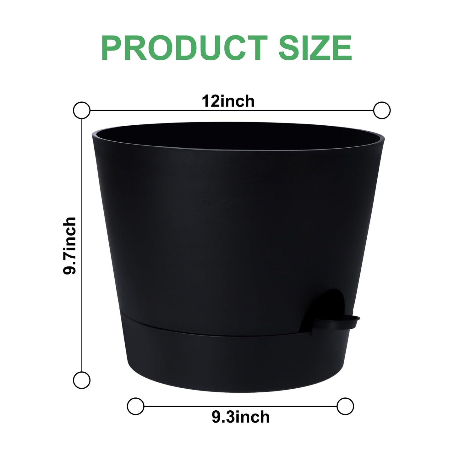 Indoor Self Watering Planters with Drainage Holes and Saucers, 8, 7, 6.5, 6, 5.5, 5 Inches, Black, 6 Pots