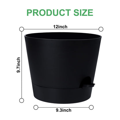 Indoor Self Watering Planters with Drainage Holes and Saucers, 8, 7, 6.5, 6, 5.5, 5 Inches, Black, 6 Pots
