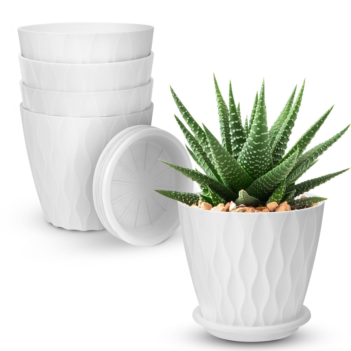 6 inch Plant Pots, 5 Pack Flower Pots Outdoor Indoor, Planters with Drainage Holes and Tray Saucers（Multicolor）