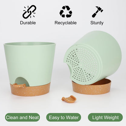 Indoor Self Watering Planters with Drainage Holes and Saucers, 8, 7, 6.5, 6, 5.5, 5 Inches, Black, 6 Pots