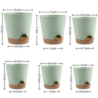 Indoor Self Watering Planters with Drainage Holes and Saucers, 8, 7, 6.5, 6, 5.5, 5 Inches, Black, 6 Pots