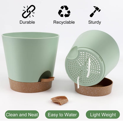 Indoor Self Watering Planters with Drainage Holes and Saucers, 8, 7, 6.5, 6, 5.5, 5 Inches, Black, 6 Pots