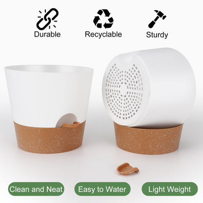 Indoor Self Watering Planters with Drainage Holes and Saucers, 8, 7, 6.5, 6, 5.5, 5 Inches, Black, 6 Pots