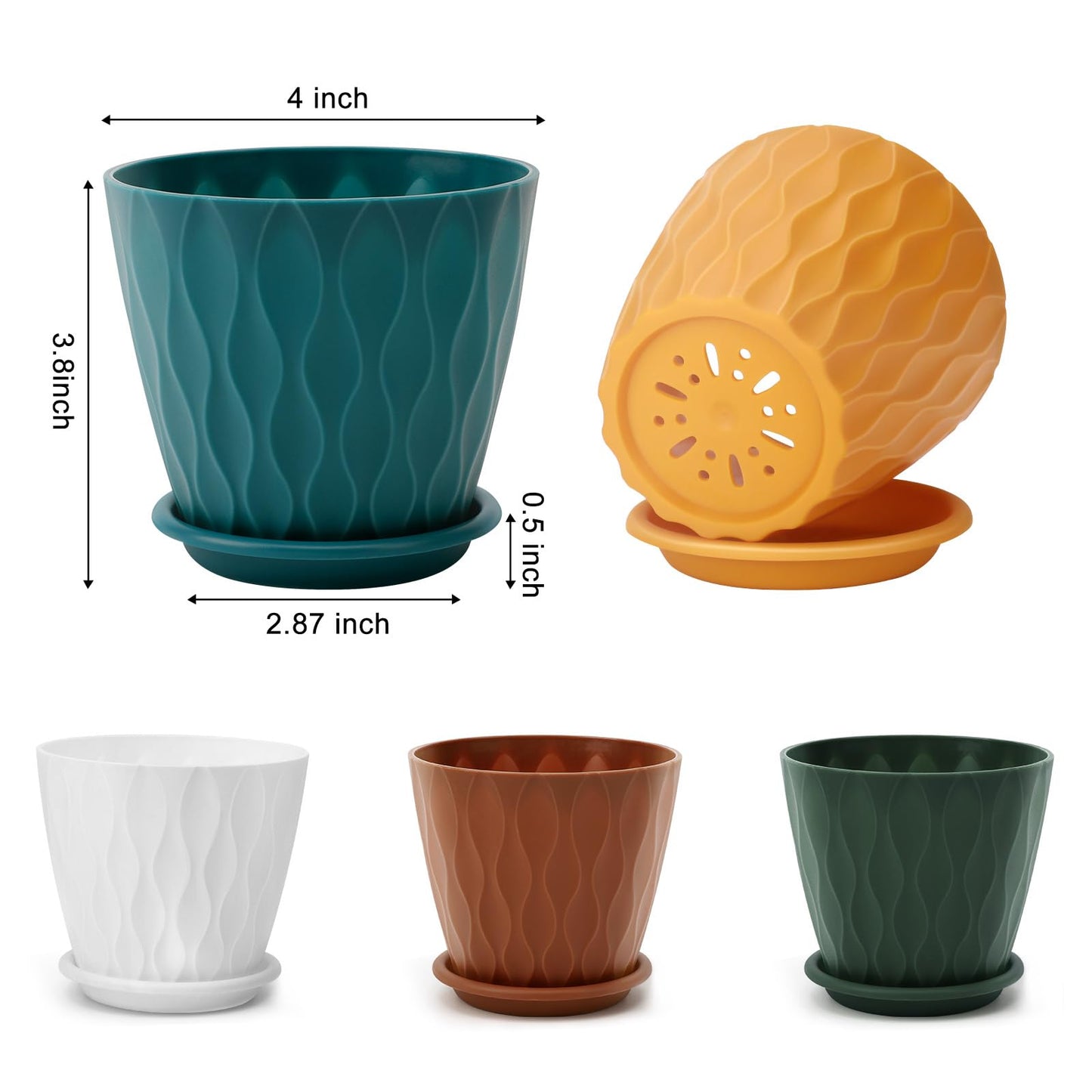 6 inch Plant Pots, 5 Pack Flower Pots Outdoor Indoor, Planters with Drainage Holes and Tray Saucers（Multicolor）