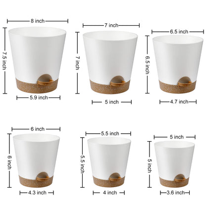 Indoor Self Watering Planters with Drainage Holes and Saucers, 8, 7, 6.5, 6, 5.5, 5 Inches, Black, 6 Pots