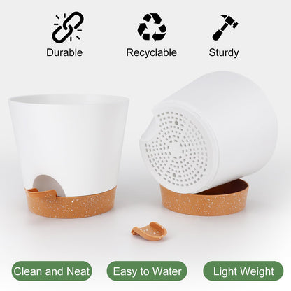 Indoor Self Watering Planters with Drainage Holes and Saucers, 8, 7, 6.5, 6, 5.5, 5 Inches, Black, 6 Pots