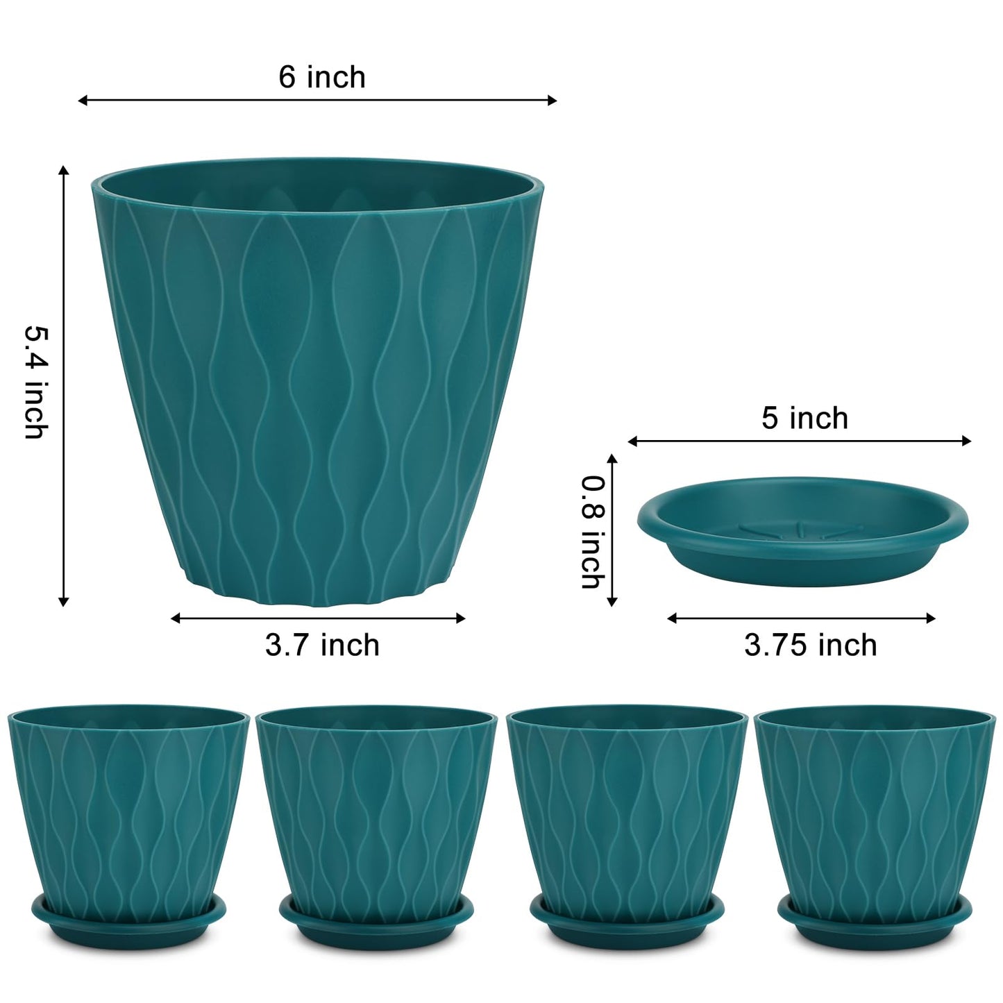 6 inch Plant Pots, 5 Pack Flower Pots Outdoor Indoor, Planters with Drainage Holes and Tray Saucers（Multicolor）