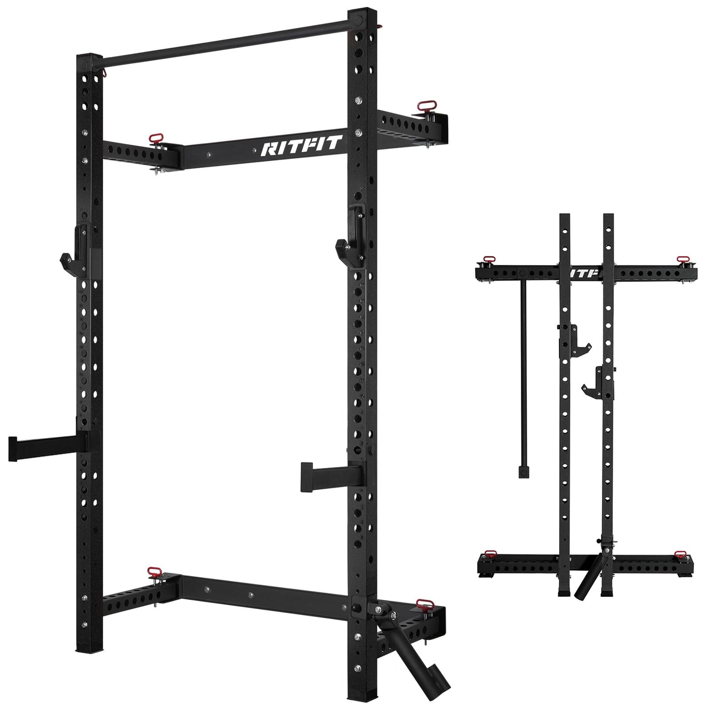 RitFit Multi-Functional Folding Squat Rack for Home Gym, 2.36'' x 2.36'' Wall Mounted Squat Rack with Attachments - Space Saving Squat Power Rack