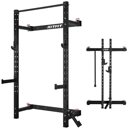 RitFit Multi-Functional Folding Squat Rack for Home Gym, 2.36'' x 2.36'' Wall Mounted Squat Rack with Attachments - Space Saving Squat Power Rack
