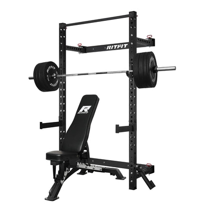 RitFit Multi-Functional Folding Squat Rack for Home Gym, 2.36'' x 2.36'' Wall Mounted Squat Rack with Attachments - Space Saving Squat Power Rack