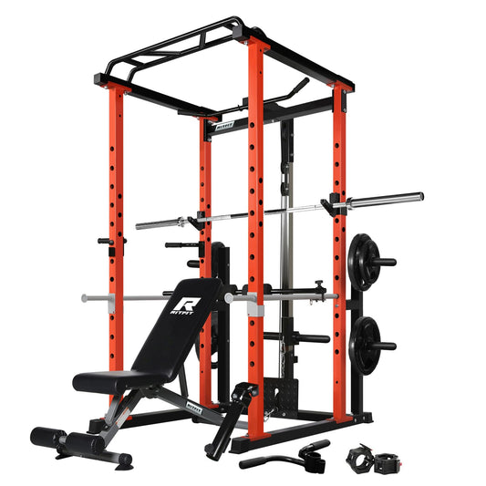 RitFit Power Cage with Optional LAT PullDown/Cable Crossover, 1000LB Squat Rack for Home & Garage Gym, with Weight Storage Rack and More Training Attachments, ASTM-Certified
