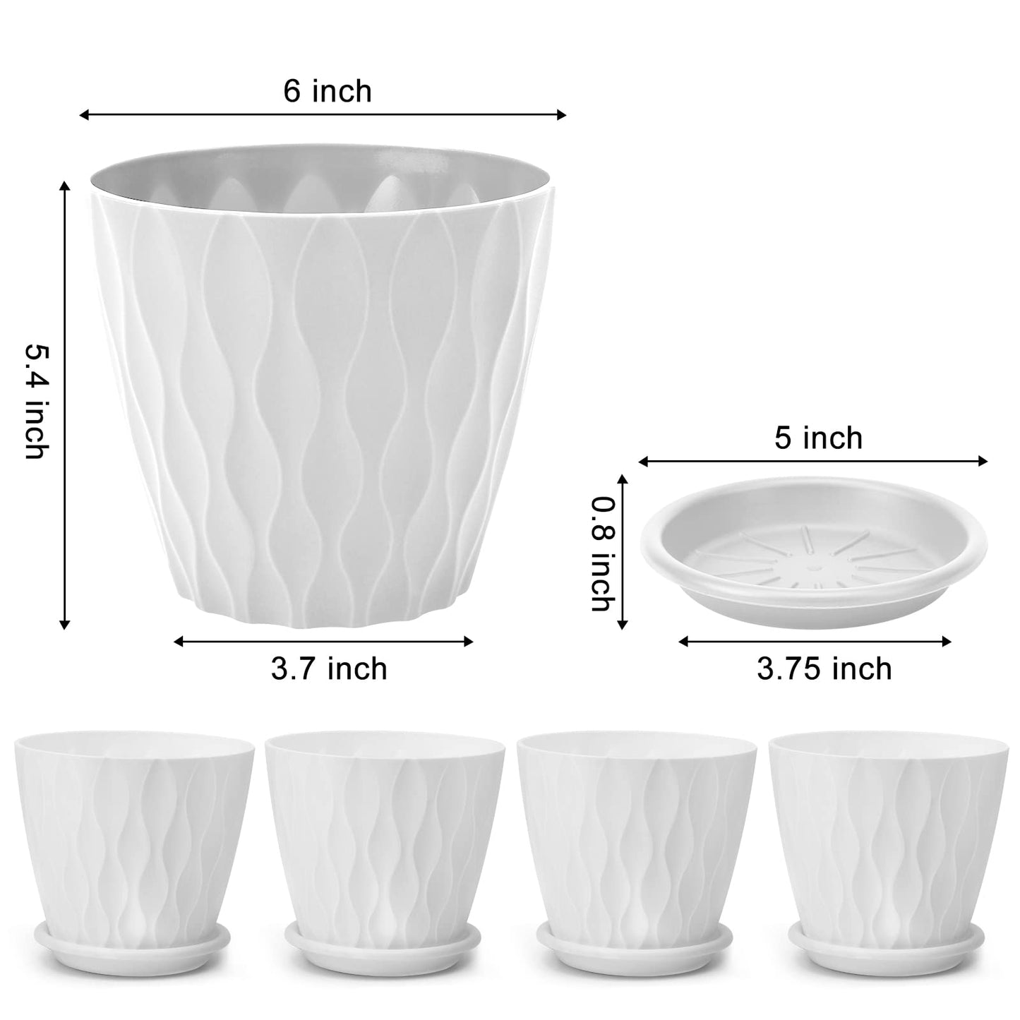 6 inch Plant Pots, 5 Pack Flower Pots Outdoor Indoor, Planters with Drainage Holes and Tray Saucers（Multicolor）